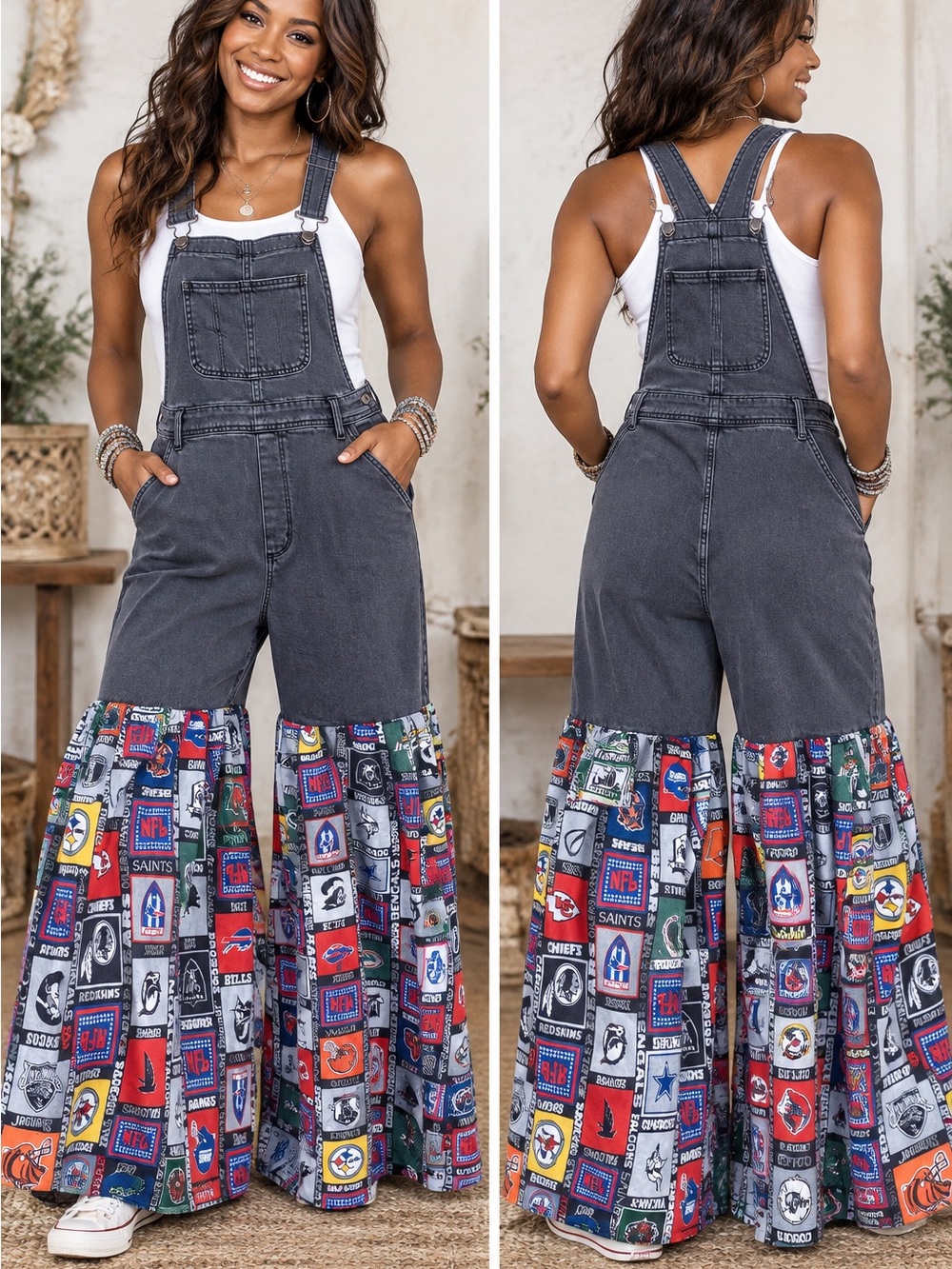 Upcycled Denim Overalls w/NFL patchwork wide leg